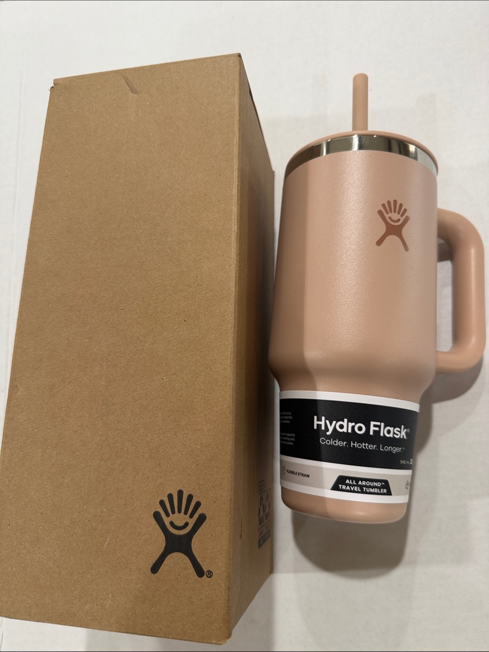 Hydro Flask Travel Tumbler in Blush Pink with Handle and Straw